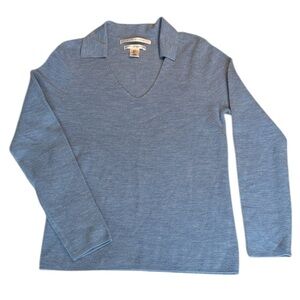 Max Studio Light Blue 100% Extra Fine Merino Wool Collared V-Neck Sweater sz L
